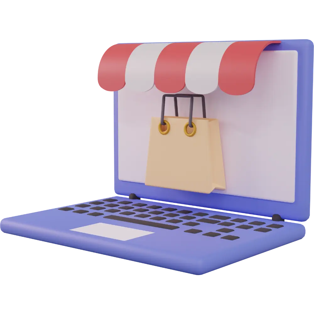 Laptop with a bag for online shopping. Ecommerce website development