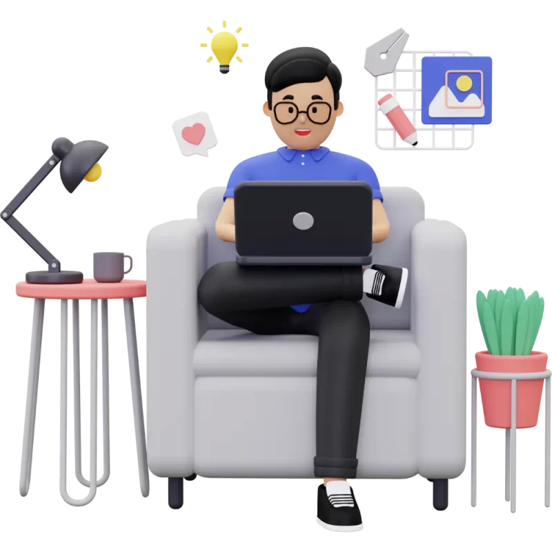 Cartoon man sitting working on laptop